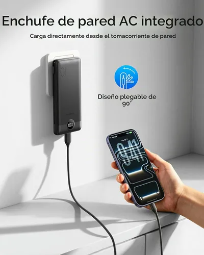 Vista 2 de VEGER Cargador portátil para iPhone con cables integrados y enchufe de pared, batería externa de carga rápida de 10,000 mAh delgada con USB C