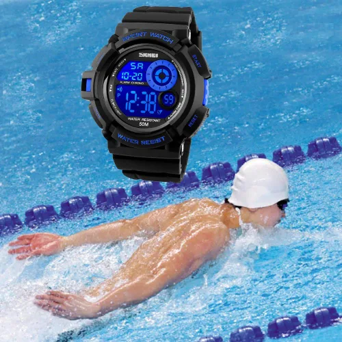 Vista 6 de SKMEI - Reloj digital para niños, impermeable, LED, 7 colores cambiables, luz de fondo suave, PU