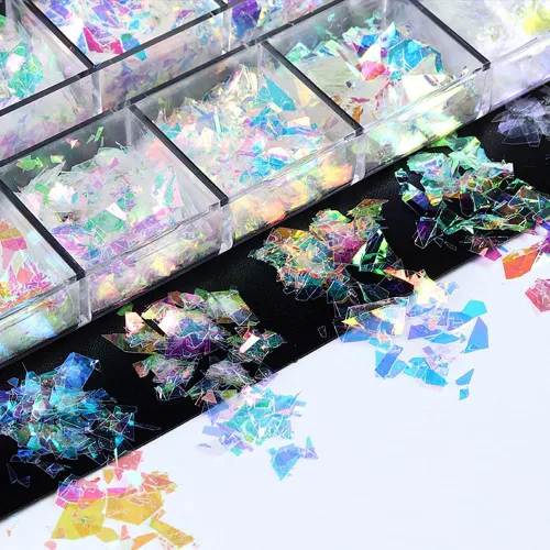 Vista 2 de Arte de uñas holográfico de sirena, lentejuelas con purpurina en polvo, piezas irregulares celofán fluorescente, piezas iridiscentes con purpurina