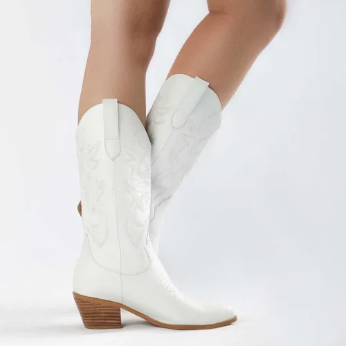 Vista 2 de Botas vaqueras modernas bordadas para mujer, botas de media pantorrilla, tacón grueso, retro, coloridas botas occidentales