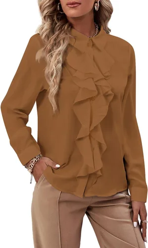 Vista 38 de LYANER - Blusa de manga larga con cuello de botón y volantes en la parte delantera para mujer