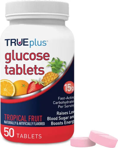 Vista 30 de TRUEplus® Tabletas de glucosa, sabor surtido (uva, frambuesa, naranja), botella de 50 unidades (1)