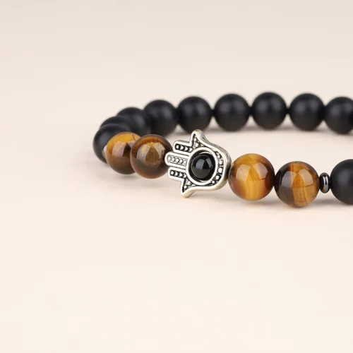 Vista 5 de Pulsera Hamsa con cuentas de piedra de tigre de ónix