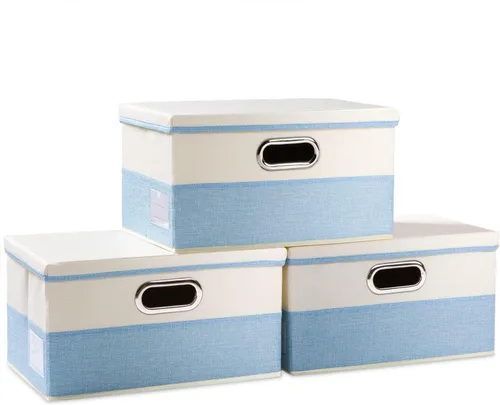 Vista 67 de PRANDOM Contenedores de almacenamiento con tapas [paquete de 3] cajas de almacenamiento plegables de tela de lino, canastas organizadoras, cubos