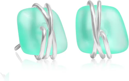 Vista 9 de Aretes de cristal de mar de plata de ley S925, hipoalergénicos, hechos a mano, aretes de tuerca hechos a mano de cristal de playa, joyería