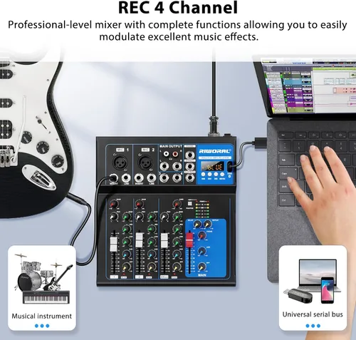 Vista 6 de Interfaz de audio de 4 canales, mezclador de audio USB, tablero de sonido, consola de mezcla incorporada Bluetooth MP3 Entrada de computadora+48 V