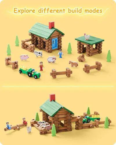 Vista 2 de SainSmart Jr. Juego de cabaña de troncos de madera para granja, juguete de casa de construcción para niños pequeños, 122 piezas Kit de construcción