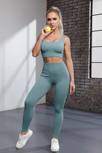 Vista 3 de QINSEN FAFOFA - Conjunto de 2 piezas de entrenamiento, para mujer, brasier deportivo sin costuras, cintura alta, leggings de yoga.