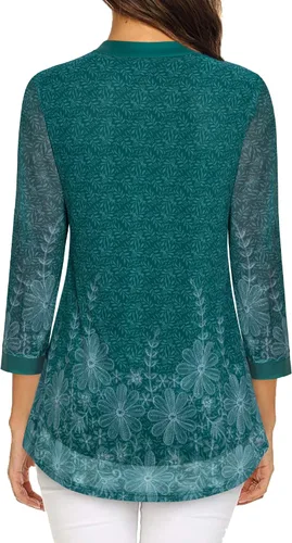 Vista 2 de Timeson Blusas de manga 34 para mujer, estilo casual, cuello en V, camisas de vestir de doble capa, túnicas de malla