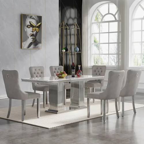 Vista 53 de HomVent Juego de mesa de comedor moderna de mármol sintético para 4 personas, mesa de cocina rectangular con 4 sillas beige (dorado)