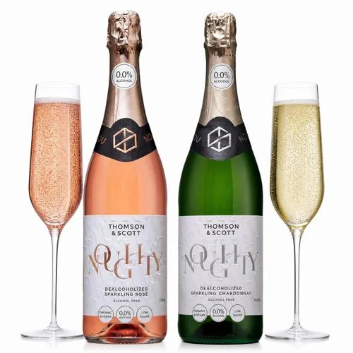 Vista 3 de Thomson & Scott Noughty - Paquete de celebración de vino espumoso, 1 rosado + 1 chardonnay, champán espumoso sin alcohol, vino sin alcohol, ligero