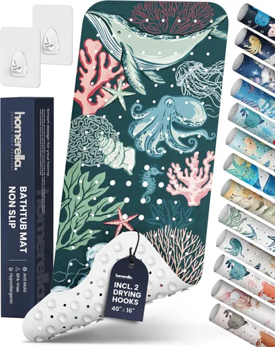 Vista 23 de Homerella - Alfombrilla de baño antideslizante y antideslizante para niños, 40 x 16 pulgadas, sin BPA, incluye 2 ganchos, tapete de ducha lavable