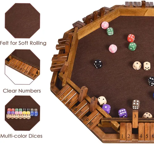 Vista 4 de Vamslove Juego de dados Shut The Box para 2 a 8 jugadores, mesa de madera mejorada con 16 + 6 dados, juego educativo para adultos, instrucciones