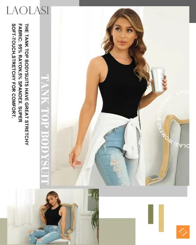 Vista 3 de LAOLASI Traje de cuerpo básico sin mangas con cuello redondo para mujer camisetas sin mangas