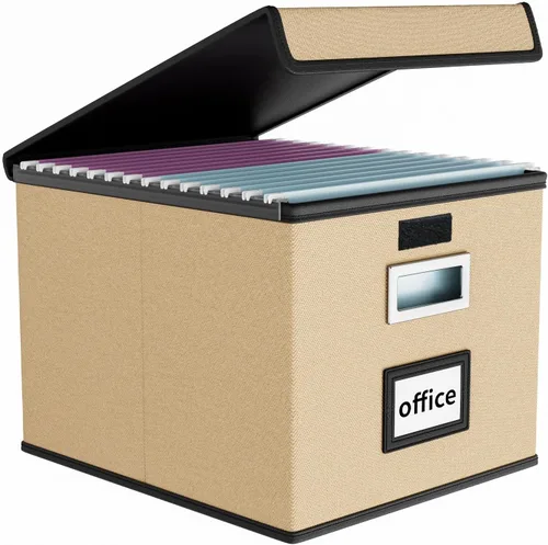 Vista 36 de Caja organizadora de archivos Huolewa con tapa, caja organizadora de carpetas de archivos colgantes de cuero sintético plegable con deslizadores