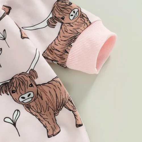 Vista 5 de Ropa occidental para bebé, niño, niña, sudadera con estampado de vaca de las tierras altas, mameluco de burbujas, traje de vaquero para bebé