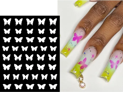 Vista 4 de 6 hojas de plantillas de aerógrafo, calcomanías de uñas para arte de uñas, autoadhesivas, estrellas, mariposa, punta francesa, corazón, calcomanías