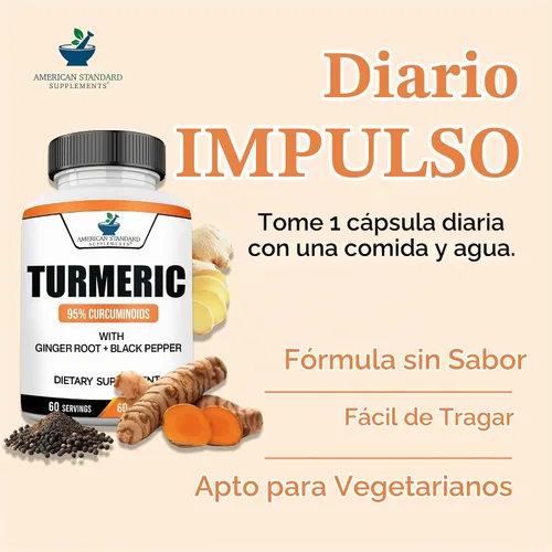 Vista 5 de American Standard Supplements Extracto de cúrcuma – Curcumina 95% con extracto de raíz de jengibre y extracto de pimienta negra – 60 cápsulas