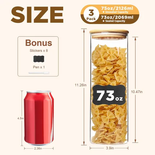 Vista 3 de SHOWIN Tarros de almacenamiento de pasta de vidrio de 73 onzas, tarros altos de vidrio con tapas de bambú, contenedor de espagueti, juego de 3