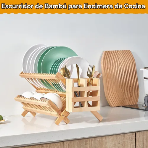 Vista 3 de Escurridor de platos de bambú, estante plegable de 2 niveles con soporte para utensilios, estante de secado de platos de madera para encimera