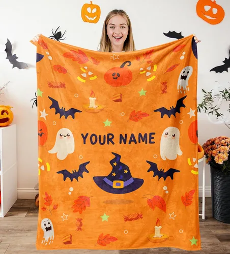 Vista 14 de Manta de Halloween personalizada con nombre, mantas de Halloween personalizadas para niños, Halloween personalizada para niños y niñas, bonita manta