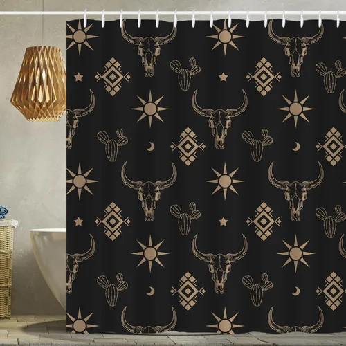 Vista 10 de Cortina de ducha de calavera de toro occidental estilo boho con cuernos de vaca, calavera de cactus bohemia en negro y dorado con ganchos, cortina