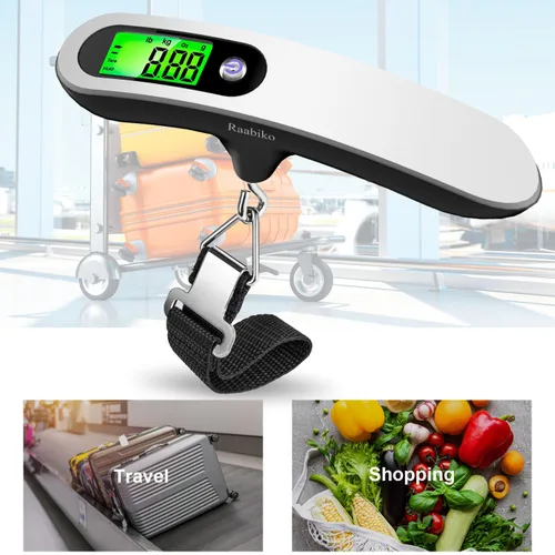 Vista 3 de Raabiko Báscula digital de equipaje (paquete de 2), báscula digital de equipaje de mano con capacidad de 110 libras, batería incluida, plata satinada