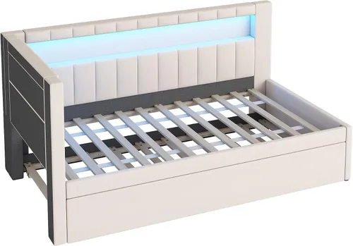 Vista 9 de Cama de plataforma tapizada de tamaño individual con puertos USB y luces LED, sofá cama con nido y cabecera en forma de L, cama esquinera suave