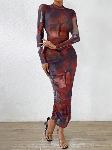 Vista 4 de Floerns Vestido largo ajustado de manga larga con cuello alto falso para mujer