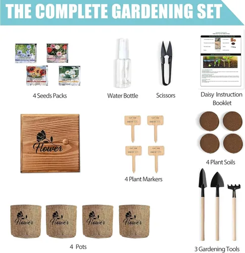 Vista 2 de Meekear Kit de iniciación para interiores 4 con kit de jardinería completo y caja de madera, para cultivar margarita Shasta, aciano, girasol, zinnia