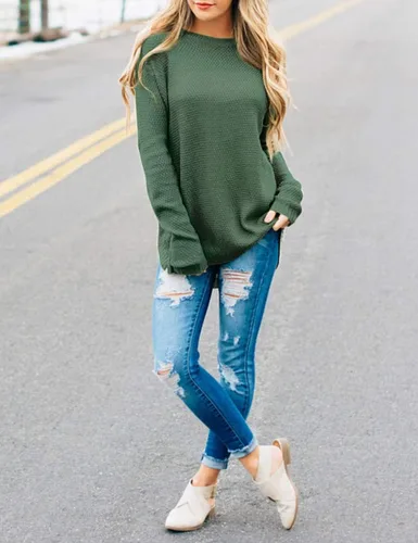 Vista 4 de LEANI Suéter de manga larga con cuello redondo para mujer, holgado, casual, suave, de punto