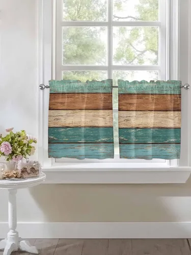 Vista 5 de Juego de 2 paneles de cortina de ventana turquesa turquesa retro de 24 pulgadas de largo, cortinas de cocina con bolsillo para barra, cortinas