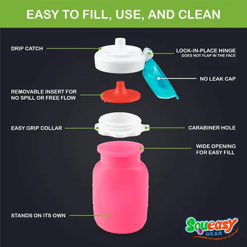 Vista 4 de Squeasy Snacker Rosa - Bolsa de alimentos reutilizable de silicona a prueba de derrames, de 3.5 onzas, para alimentos blandos y líquidos, agua