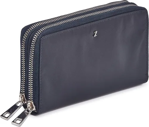 Vista 3 de Zinda Genuine Leathers Cartera de mujer con protección RFID larga con doble cremallera alrededor, Azul marinobeige, Cartera para mujer