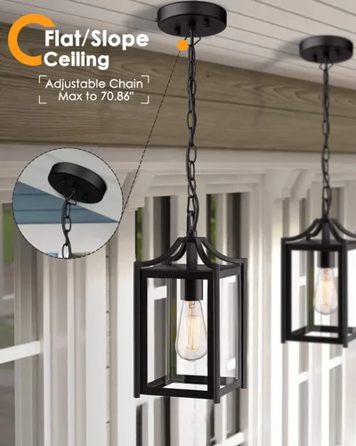Vista 5 de Lámpara Colgante para Exteriores, 14" Luz Colgante Moderna Grande para Porche con Cadena Ajustable, Linterna Colgante Exterior Negra con Vidrio