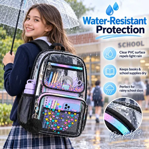 Vista 7 de AGSDON Mochila transparente, resistente bolsa transparente para libros, mochilas de PVC transparente para mujeres y hombres 17 negro transparente