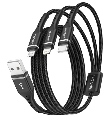 Vista 19 de Cable de carga múltiple corto de 1 pie, paquete de 2 cables de carga 3 en 1, cables universales trenzados para teléfono con conectores