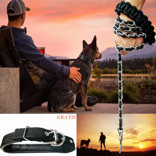 Vista 2 de Correa de metal para perro, correa de cadena con collar para mascotas, correas de entrenamiento para caminar, resistente, antimordeduras, gancho 360