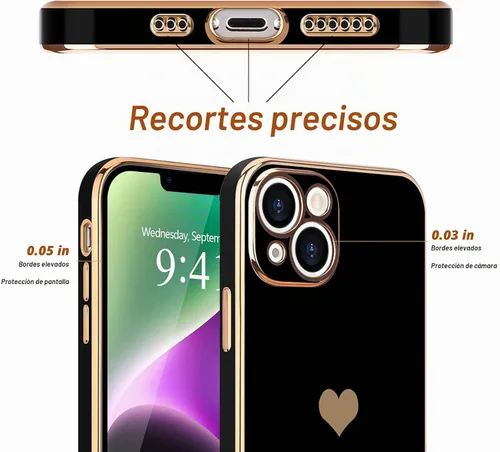 Vista 3 de Teageo - Funda para iPhone 14 Plus para mujeres y niñas, diseño de corazón de amor, color negro Luxury Plating Soft Bling Back Cover Raised Full