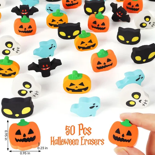 Vista 3 de AIQINHU Borradores de Halloween para niños a granel, 50 piezas grandes de Halloween, calabaza, fantasma, cráneo, murciélago, borradores para truco