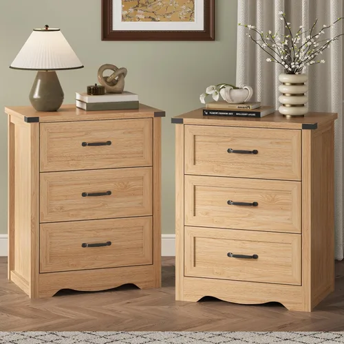 Vista 23 de Mesita de noche con 3 cajones, mesa auxiliar de 61 cm de ancho estilo granja, mesa de noche de madera rústica con asa metálica, cómoda moderna