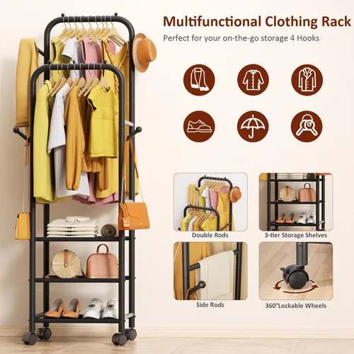 Vista 5 de Furologee - Percheros enrollables para colgar ropa, con dobles varillas, con ruedas, perchereros resistentes, perchero metálico portátil
