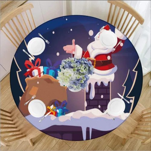 Vista 13 de Mantel redondo de Navidad, impermeable y borrable con borde elástico, jamón de cerdo asado servido con papas horneadas, se adapta a mesa redonda