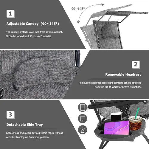 Vista 7 de HAPPYGRILL Zero Gravity - Sillón reclinable plegable para patio al aire libre, playa, patio, piscina, gris