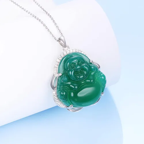 Vista 3 de Alphm S925 Sterling Silver Green Lucky Laughing Jade Buddha Pendant Necklace Jewelry
