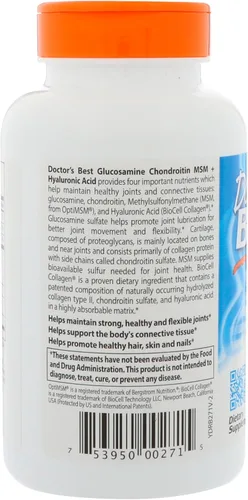 Vista 4 de Doctor's Best Glucosamina Condroitina MSM + Ácido Hialurónico con OptiMSM con Colágeno BioCell, Soporte Articular, Sin OMG, Sin Gluten y Soja, 150
