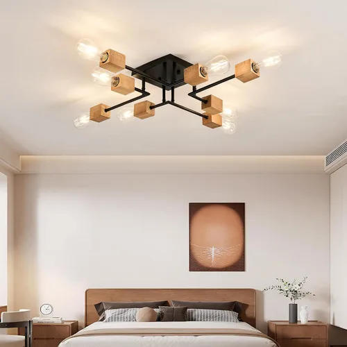 Vista 8 de Lámpara Sputnik moderna de 8 luces, color negro y madera, estilo retro, mate, lámpara de techo bohemia para cocina, comedor, sala de estar