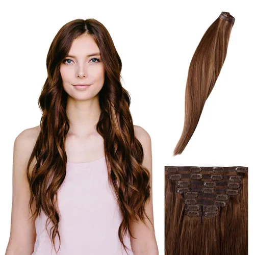 Vista 11 de BFB Hair Extensiones de cabello con pinzas para mujer, extensiones de cabello humano real, color rubio beige con reflejos rubios, 21 pulgadas, 10