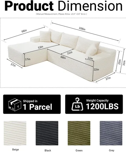 Vista 2 de Cloud - Sofá modular modular moderno de 108 pulgadas con asiento profundo, sofás de pana sin hueso con diván izquierdo en forma de L para sala