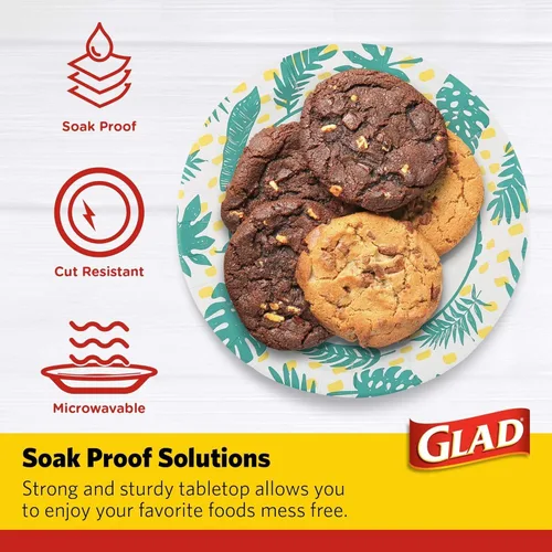 Vista 3 de Glad Platos redondos de papel desechables, patrón de hojas de palma, a prueba de remojo, resistentes a cortes, aptos para microondas para comidas